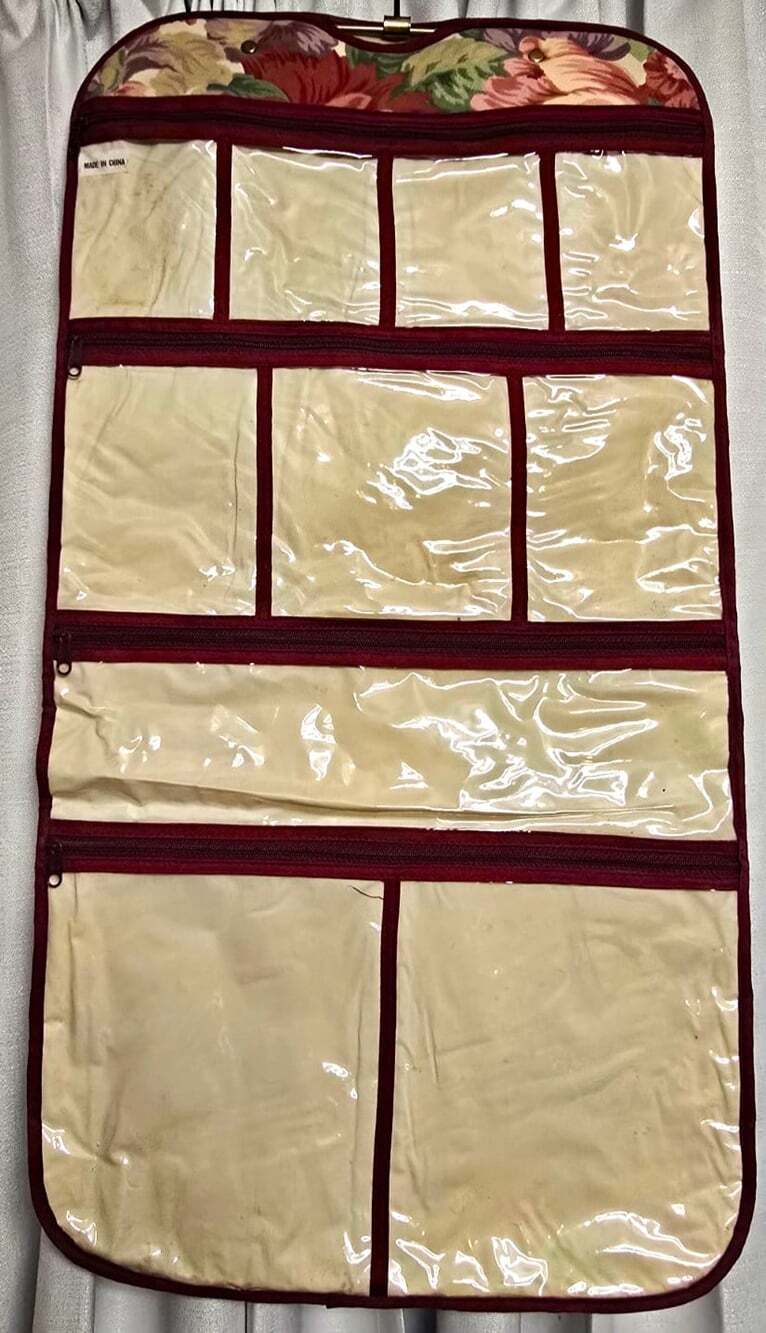 Hanging Travel Organizer Floral Fabric with Clear Vinyl Zippered 10 Pockets